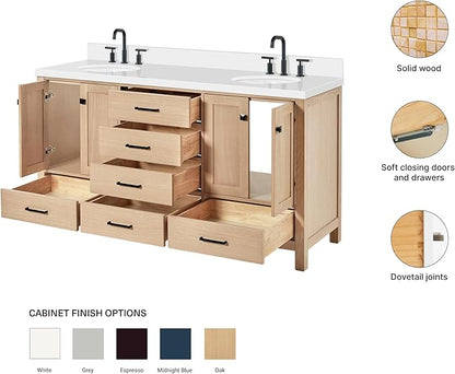 ARIEL Cambridge 66-inch Bathroom Vanity with Sink,Solid Wood, 1.5-inch Pure White Quartz Countertop & Backsplash, Double Oval Porcelain Sink, 4 Soft Closing Doors, 6 Dovetail Drawers, White Oak