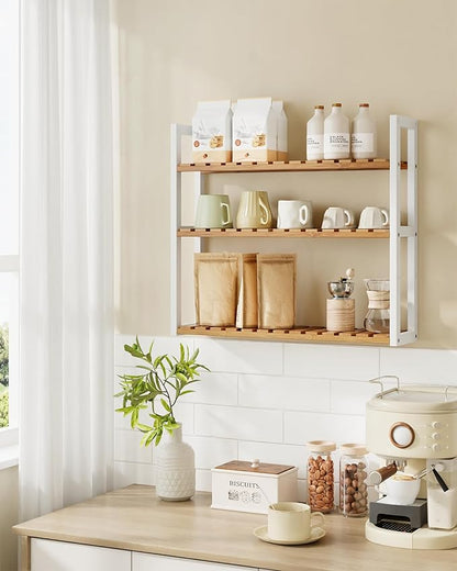 SONGMICS Bamboo Bathroom Shelf, 3-Tier Adjustable Plants Rack, Wall-Mounted or Stand, in The Living Room, Balcony, Kitchen, 5.9 x 23.6 x 21.3 Inches, Natural and Cloud White UBCB13WN