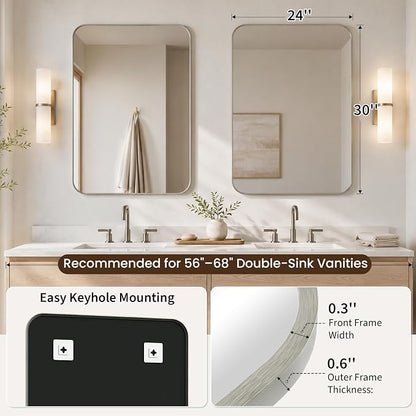 2-Pack 24x30 Inch Brushed Nickel Rounded Rectangle Vanity Mirrors | Double Vanity or Two Bathrooms, Pair or Separate Use, Aluminum Frame, Slim Front Profile, Two-Way Mount