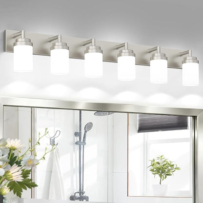 Bathroom Light Fixtures, Brushed Nickel Bathroom Lighting Fixtures Over Mirror, Modern Vanity Light with White Glass Shade, Restroom Lighting Fixtures, 6-Light 46-inch