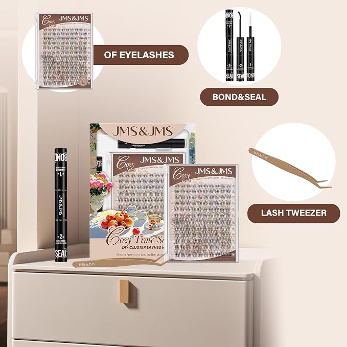 JMS&JMS Venus Lash Clusters Kit Natural Velour Eyelash Cluster for Beginner | Invisible Clear Band C-8-18MIX Flora Lash Kit with Lash Bond and Seal Tweezers, Velure False Eyelashes