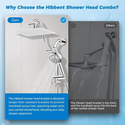 Hibbent High Pressue All Metal 12" Rainfall Shower Head, Handheld 10-Spray | cUPC Certified Chrome Dual Showerhead Combo, 4-way Diverter with Pause Mode, Brass Extension Arm, 71'' Shower Hose & Holder