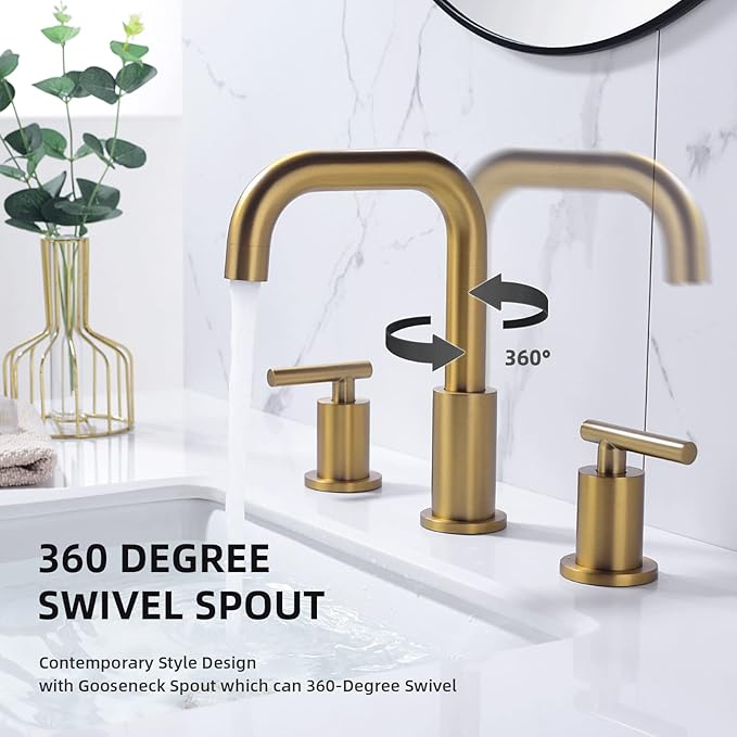 TRUSTMI Bathroom Faucet 2 Handle 8 Inch Widespread Brass Vanity Sink Faucet with Metal Overflow Drain and cUPC Water Supply Lines, Brushed Brass Gold