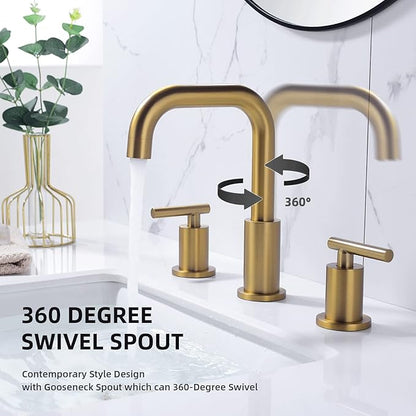 TRUSTMI Bathroom Faucet 2 Handle 8 Inch Widespread Brass Vanity Sink Faucet with Metal Overflow Drain and cUPC Water Supply Lines, Brushed Brass Gold