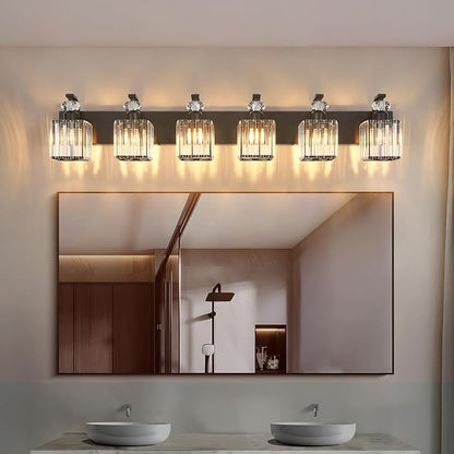 Modern Bathroom Vanity Light, 6-Light Black Bathroom Lighting Fixtures Over Mirror, 44.1" Crystal Wall Light Sconce for Bathroom/Bedroom/Vanity, Includes LED Bulbs, Easy Installation