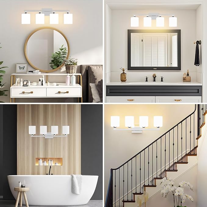 Quntis Chrome Bathroom Light Fixtures Over Mirror 5 Colors Adjustable, 4-Light LED Bathroom Vanity Lighting with Milky White Frosted Glass Shade, Energy-Saving LED Vanity Light 28.3 inch