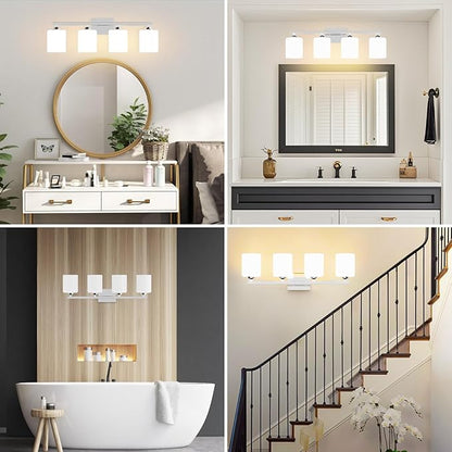 Quntis Chrome Bathroom Light Fixtures Over Mirror 5 Colors Adjustable, 4-Light LED Bathroom Vanity Lighting with Milky White Frosted Glass Shade, Energy-Saving LED Vanity Light 28.3 inch