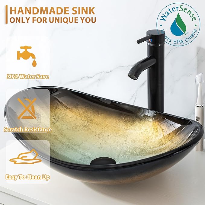 eclife 84" Modern Bathroom Vanity Sink Combo Freestanding Cabinet with Small Side Cabinet, Champagne Boat Glass Vessel Sink, Water Save Faucet, Drain (White+A29CH)