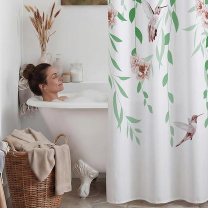 No Hook Floral Shower Curtain with Liner, Green Pink, 71x74 | Snap in Liner, 3 in 1, Water Repellent, Easy Install, Machine Washable, Hotel Style for Bathroom, Watercolor Pattern