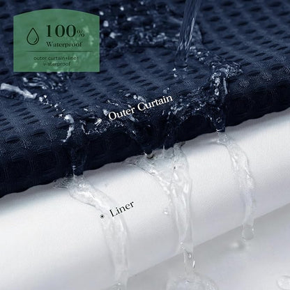 Navy Blue Hook Free Waffle Shower Curtain & Snap-in Liner,72x75 | Less Time to install, 3 in 1 Fabric Shower Curtain and Liner Set with Magnets, Mesh Top Window, Shower Curtains for Bathroom