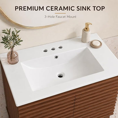 36 Inch Bathroom Vanity with Sink, Walnut Fluted Freestanding Bathroom Vanity Cabinet with Ceramic Sink Top, Solid Wood Legs, Soft Close Double Doors and Modern Storage Cabinet