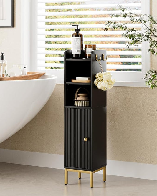 Narrow Bathroom Storage Cabinet, 33.2" H Thin Free Standing Floor Organizer with Door & Shelves, Black Slim Toilet Paper Holder Stand, Cabinet Organizer for Tight Small Spaces