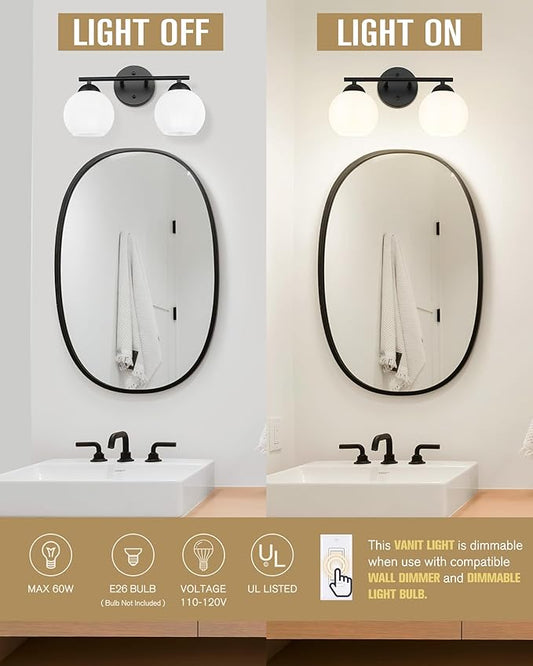 Emak Black Vanity Lights for Mirror, Modern Farmhouse 2-Light Bathroom Light Fixtures Globe Bathroom Vanity Light with Milk Glass Shade, VL114-BK-ML-2