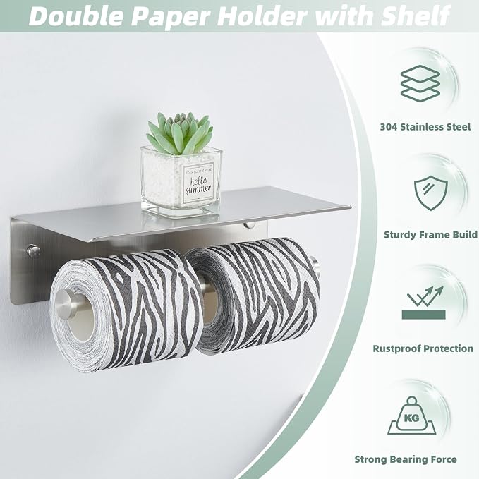 Brushed Nickel Double Toilet Paper Holder with Shelf, Wall Mounted | 304 Stainless Steel, Rust-resistant for Bathroom Restroom Powder Room, Dual Rolls Tissue Holder, Large Phone Storage