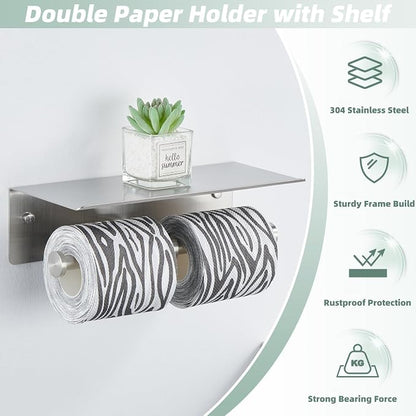 Brushed Nickel Double Toilet Paper Holder with Shelf, Wall Mounted | 304 Stainless Steel, Rust-resistant for Bathroom Restroom Powder Room, Dual Rolls Tissue Holder, Large Phone Storage