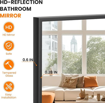Bathroom Vanity Mirror for Wall, 24"x36" Bathroom Mirror for Over Sink | HD Shatterproof Glass, Rectangular Metal Frame, Horizontally or Vertically, Mirror for Bathroom, Living Room, Entryway(Black)