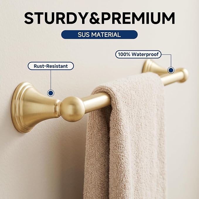 Sagetta Bathroom Hardware Set, 5-Piece Bath Accessories Set Wall Mount Includes 20 in Towel Bar, 16 in Towel Bar, Towel Ring, TP Holder, Towel Hook Brushed Gold