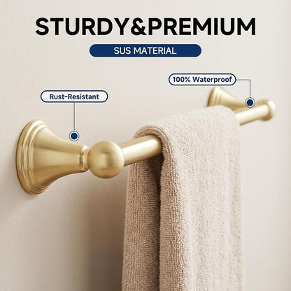 Sagetta Bathroom Hardware Set, 5-Piece Bath Accessories Set Wall Mount Includes 20 in Towel Bar, 16 in Towel Bar, Towel Ring, TP Holder, Towel Hook Brushed Gold