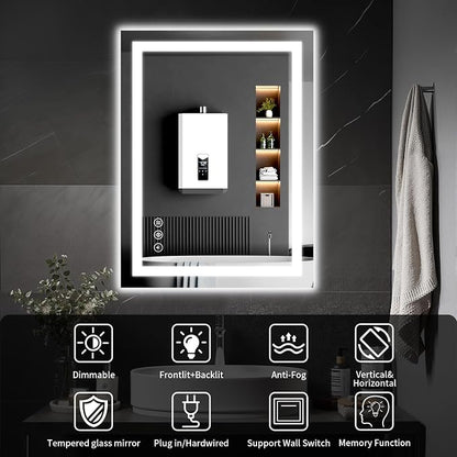 24"x42" Lighted LED Bathroom Mirror with Lights,Dimmable，Anti-Fog,Led Bathroom Vanity Mirror for Wall,Backlit + Front Lit,3 Colors,Memory Function,Shatter-Proof,Tempered Glass,Lighted Mirror