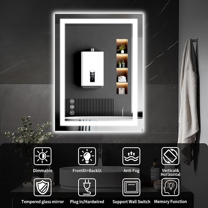LED Bathroom Mirrors 20"x30" Bathroom Mirror with Lights for Wall, Backlit + Front Lit, 3 Colors, Anti-Fog, Dimmable Brightness for Vanity,Bathroom, Entryway, Living Room
