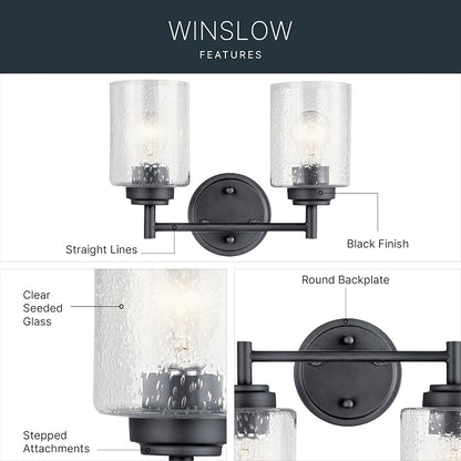 Kichler Winslow 2-Light Farmhouse Vanity Light, Black | Clear seeded glass vanity light with industrial styling (12.75" x 9.25" x 6.5"), 45885BK