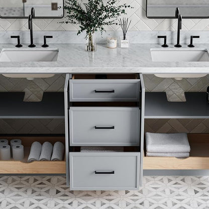 ARIEL Kelly 72-inch Bathroom Vanity with Sink,Solid Wood, 1.5-inch Italian Carrara Marble Countertop & Backsplash, Double Rectangular Porcelain Sink, 4 Soft Closing Doors, 5 Dovetail Drawers, Grey