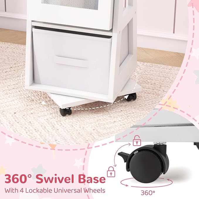CHARMAID 360° Swivel Kids Jewelry Cabinet, 48" Standing Jewelry Organizer with Full Length Mirror, Storage Drawer, Kids Vanity Dressing Mirror, Jewelry Armoire with Lockable Wheels for Girls (White)