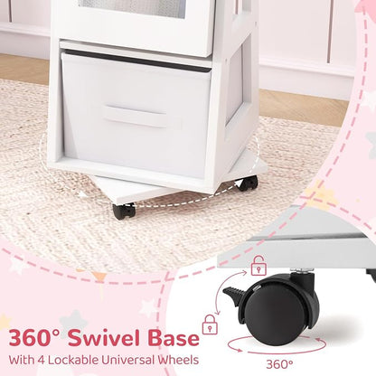 CHARMAID 360° Swivel Kids Jewelry Cabinet, 48" Standing Jewelry Organizer with Full Length Mirror, Storage Drawer, Kids Vanity Dressing Mirror, Jewelry Armoire with Lockable Wheels for Girls (White)