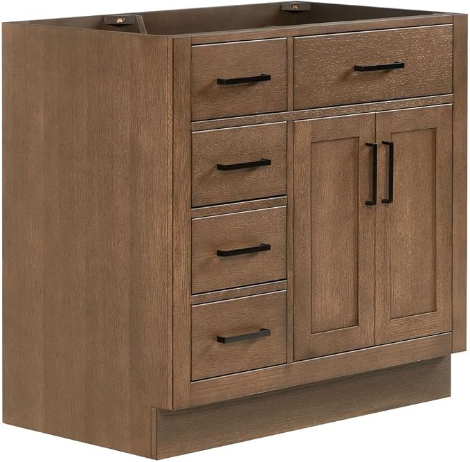 ARIEL Hepburn 36-inch Bathroom Vanity Base Cabinet,Solid Wood, 2 Soft Closing Doors, 5 Dovetail Drawers, Brown Oak