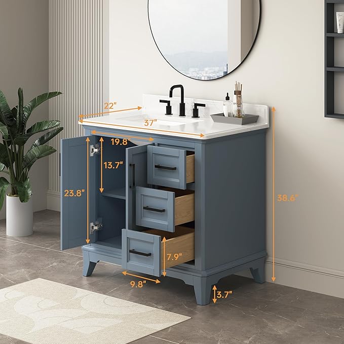 36 Inch Bathroom Vanity with Sink, Bathroom Storage Cabinet with Soft Closing Doors & Dovetail Drawers, Adjustable Feet, Solid Wood Frame, Steel Blue
