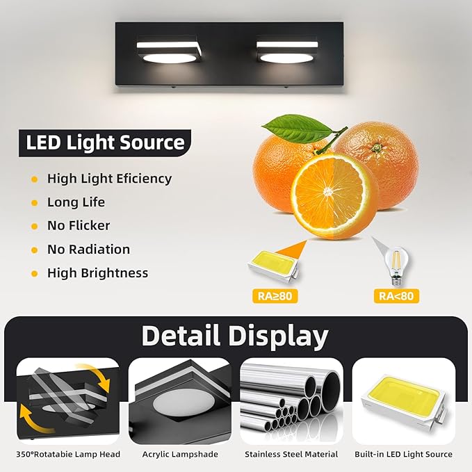 OKELI 2-Light LED Bathroom Vanity Light Fixtures (2 Pack), Matte Black Modern Bathroom Wall Lighting Fixtures Over Mirror (3CCT, 3000K-6000K)