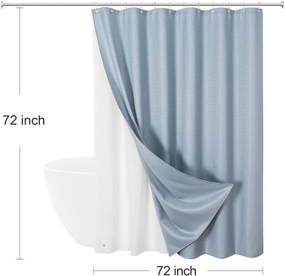 3 in 1 Fog Blue Shower Curtain with PEVA Liner, 12 Hooks, 72x72 | Luxury Weighted Fabric Shower Curtain Set, 12 Stainless Steel Double-Sided Hooks, Water Repellent, Bathroom Decor