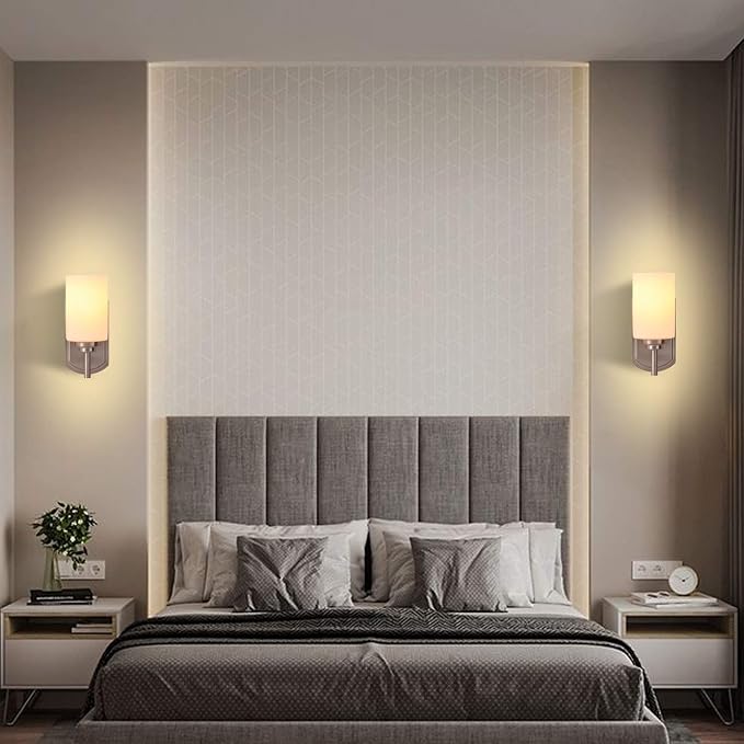 Modern Wall Sconce Set of 2, Satin Nickel Bathroom Vanity Lights | Bathroom Vanity Lighting Fixtures,White Frosted Glass Shade, For Entryway Over Mirror Living Room Bedroom