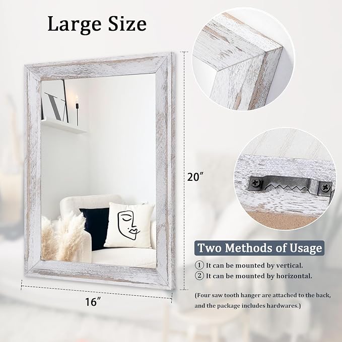 AAZZKANG Mirrors for Wall Rustic Wood Framed Hanging Mirror 20"x16" Decorative for Farmhouse Bedroom Bathroom Living Room Entryway Hallway White