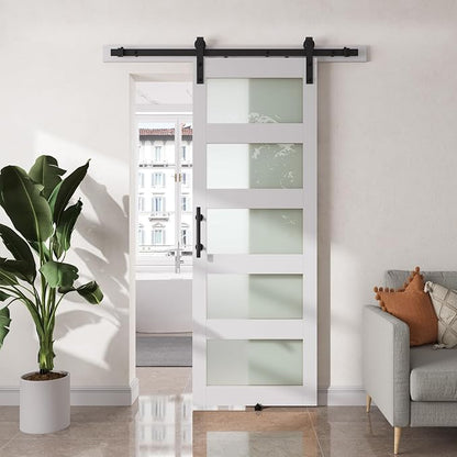 SMARTSTANDARD 30" x 84" Glass Barn Door with 5FT Hardware Kit Included | 5-Panel Glass, DIY Assembly Required, Waterproof PVC Coating, Pure White