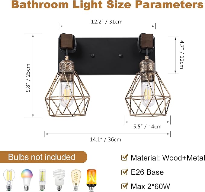 maesta Bathroom Vanity Light, 2 Light Farmhouse Fixture Over Mirror | Farmhouse Bathroom Light Fixtures, Wood & Metal, Black Gold, Anti-Rust Easy to Install for Rustic Bathroom Hallway