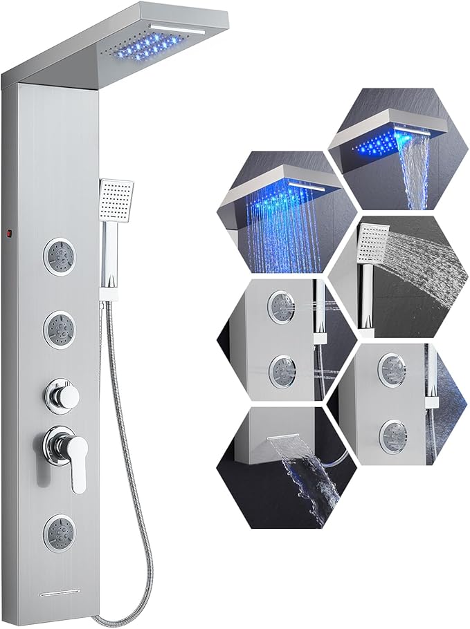 LED Shower Panel Tower System, 6-in-1 Shower Tower with Rainfall Waterfall Shower Head, 2 Modes Powerful Body Jets, Handheld Shower and Tub Spout, Stainless Steel Shower Column, Brushed Finish