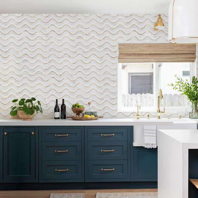 Vamos Tile Peel and Stick Backsplash Seamless Tile,Dolomite+White+Gold,10 | Stick on Backsplash for Kitchen and Bathroom, PVC Mix Metal Gold Self Adhesive Wall Tiles,11.8''x10.15''