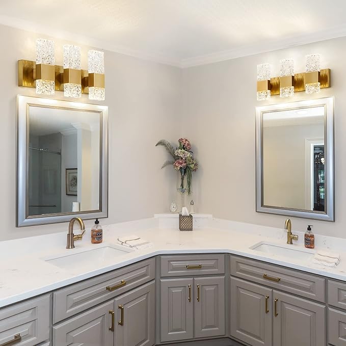 Gold Bathroom Vanity Light Fixtures Bathroom Light Fixtures Over Mirror 3-Light 4000K LED Crystal Wall Sconces Modern 30W Brushed Hardwired Wall Lights for Bathroom Bedroom Living Room