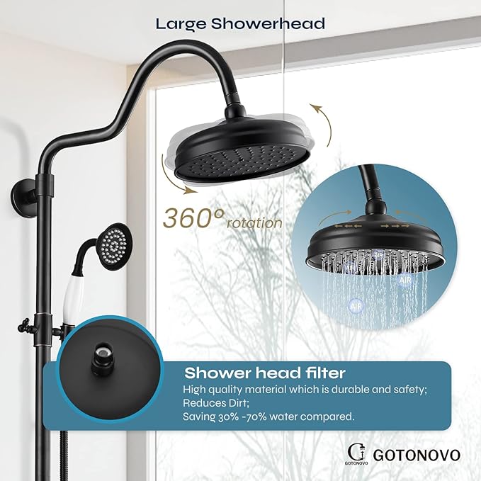 gotonovo Luxury Exposed Shower Faucet Set Bathroom Shower System 8 Inch Wall Mount Rainfall Shower Head with Handheld Spray Cross Double Handle Shower Fixture Adjustable Arc Rod Oil Rubbed Bronze