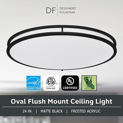 Designers Fountain Flush Mount Ceiling Light, 24 Inch Oval LED Lighting Fixture for Kitchen, Bedroom, Bathroom, and Hallway, Dimmable, 2800 Lumens, 3000K/4000K/5000K, Matte Black, EV1424C3C-43