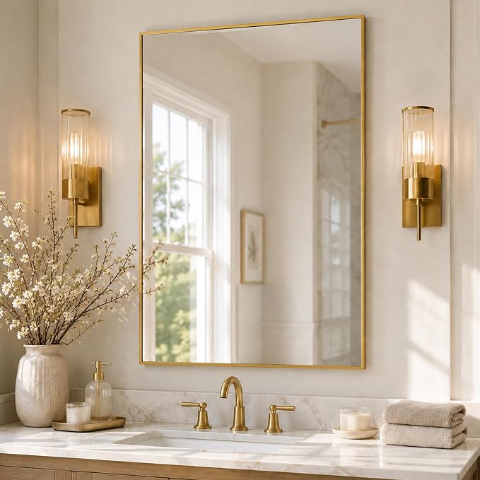 36"x24" Brushed Gold Framed Rectangle Bathroom Vanity Wall Mirror | Over-Sink Vanity Mirror, Slim Metal Frame, Entryway or Dresser Use, Vertical/Horizontal Mount, Tempered Glass