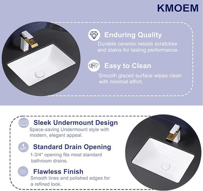 Undermount Bathroom Sink 18x13 Inch Vessel Sink White Porcelain Ceramic Under Counter Lavatory Vanity Sink Basin Rectangular Undermount Sinks with Overflow