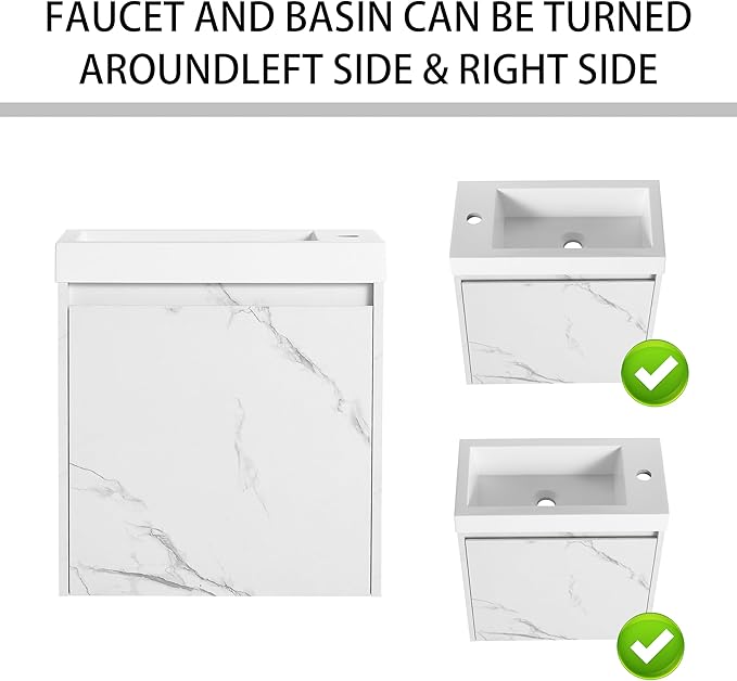 20" Small Floating Bathroom Vanity with White Marble Grain Flat Door and Storage