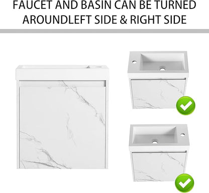 20" Small Floating Bathroom Vanity with White Marble Grain Flat Door and Storage