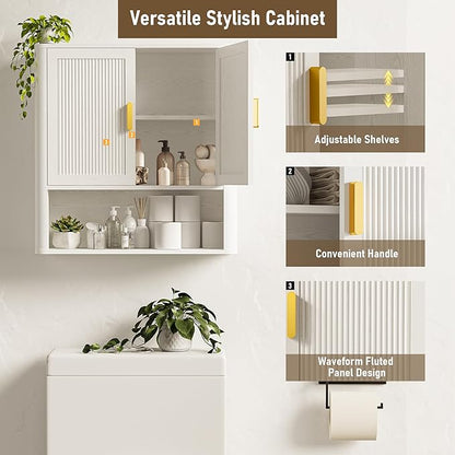 Bathroom Wall Cabinet, Wall-Mounted Medicine Cabinet with Adjustable Wood Shelf & Doors, Floating Bathroom Cabinet Over Toilet for Laundry Room & Kitchen & Living Room (White)