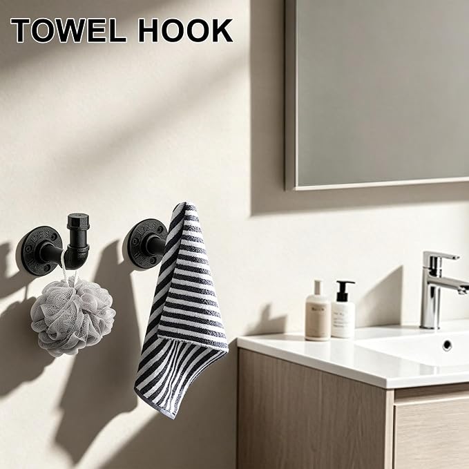 5-Pieces Industrial Pipe Bathroom Accessories Hardware Kit DIY Wall Mounted Includes Towel Bar Robe Hooks Toilet Paper Holder and Towel Ring (Black, 18 Inch)