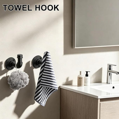 5-Pieces Industrial Pipe Bathroom Accessories Hardware Kit DIY Wall Mounted Includes Towel Bar Robe Hooks Toilet Paper Holder and Towel Ring (Black, 18 Inch)