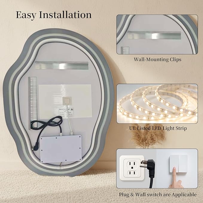 Irregular Wall Mirror 25 x 35 Inch, Lighted Mirrors for Bathroom Wall, Asymmetrical LED Mirror for Bathroom with Anit-Fog, Dimmable, Memory Function (Horizontal/Vertical)