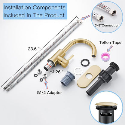 Bathroom Sink Faucet Single Hole Brushed Gold, Modern Single Handle Bathroom Faucet Commercial Stainless Steel Bar Faucet (Brushed Gold, with Drain)